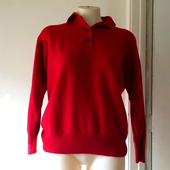 Vintage Anne Klein 100%Cashmere Polo/Long Slvs/Red/Med.Ships Dec 16th earliest - Picture 1 of 6